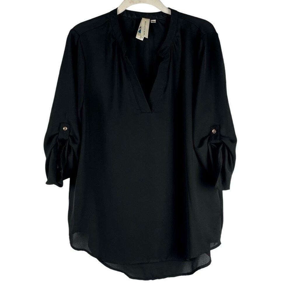 Society Girl Black V-neck Roll Up Sleeve Blouse XL
